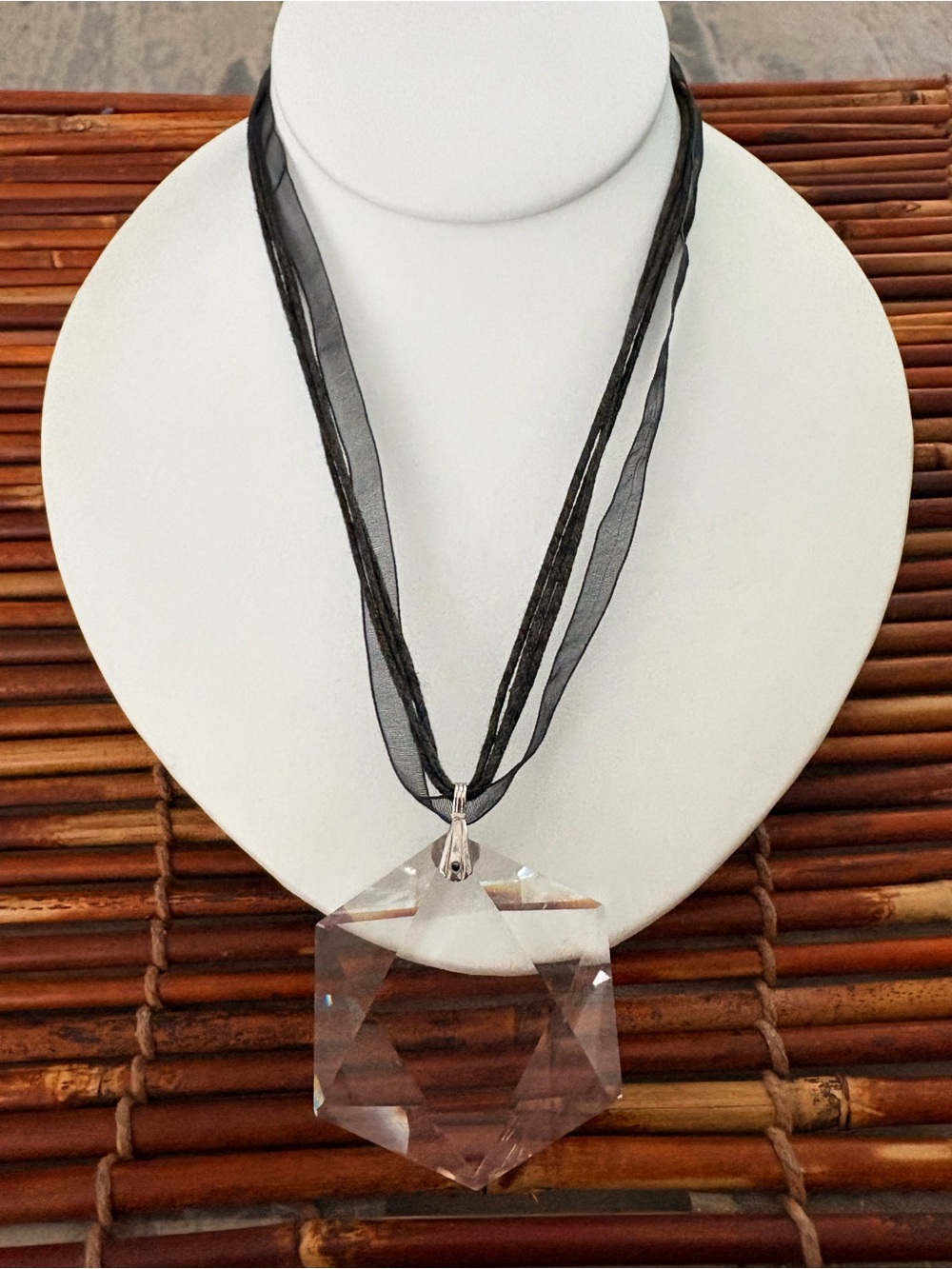 Faceted Clear Crystal Pendant Necklace with Black Organza Ribbon 17”-19”